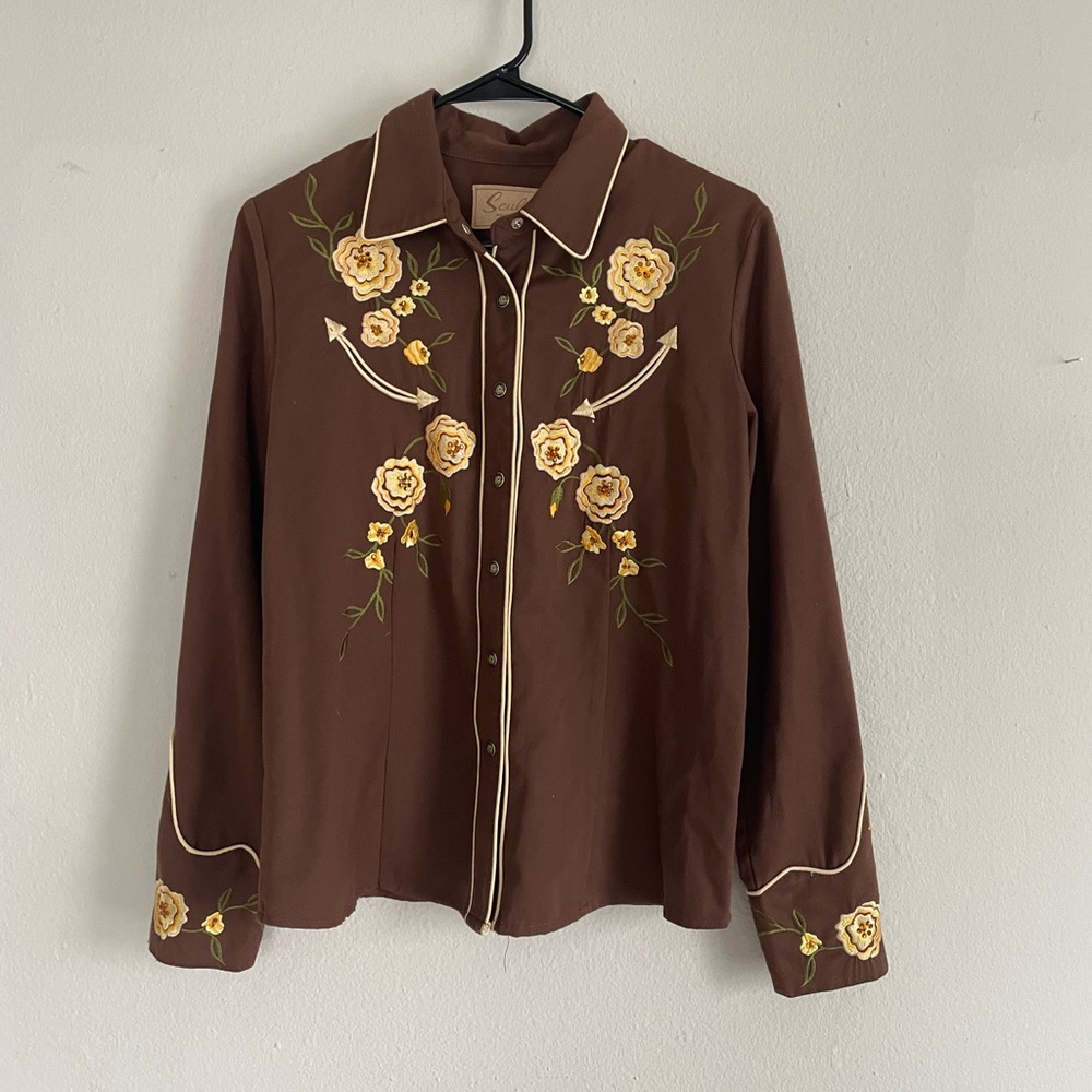Scully Brown Floral Embroidered Western Shirt